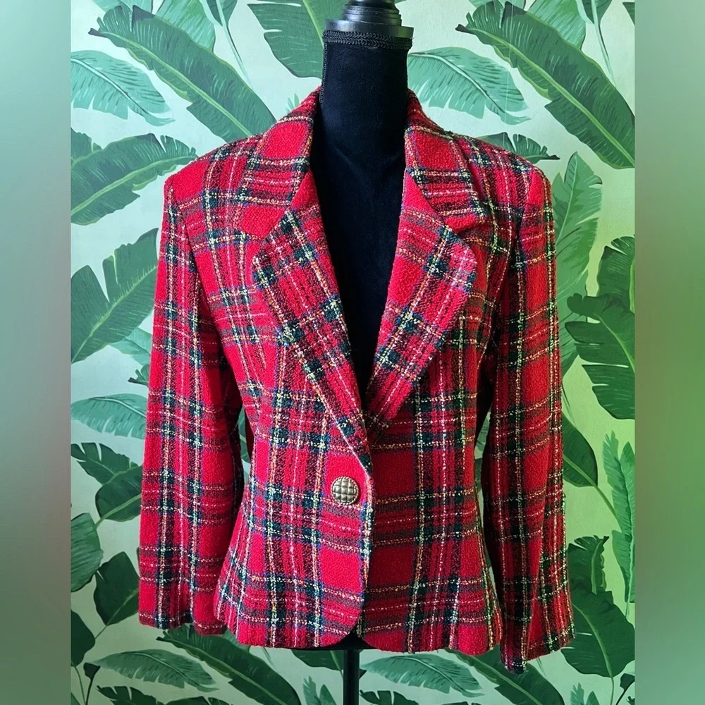 TR Bentley Womens Red Plaid Vintage Tweed Blazer‎ Jacket 12